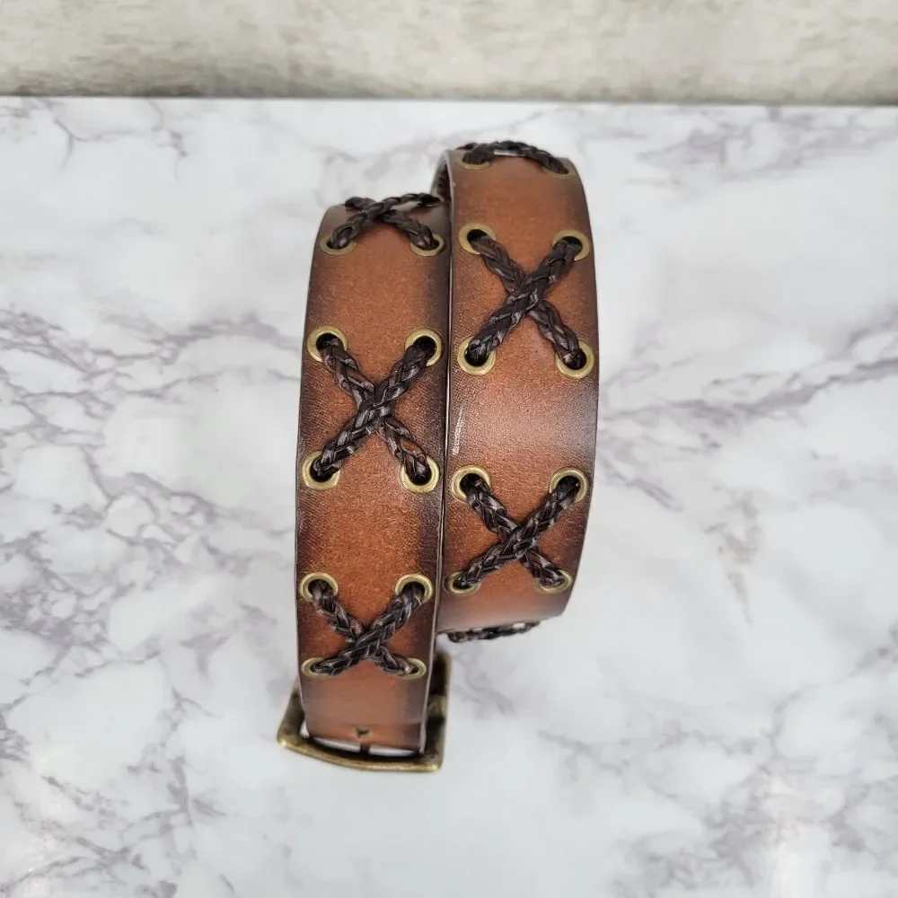 Brown Bonded Leather Belt with Brass Buckle Braided X Design Western